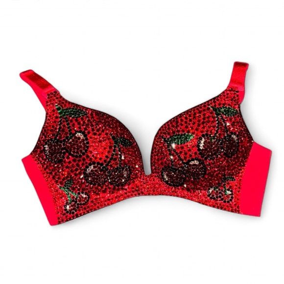 Cherry Theme Crystal Rhinestone Sparkly Classic Red Glam Bling Wireless Bra Top - Picture 1 of 15
